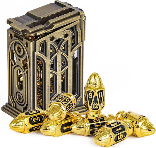 UDIXI Metal DND Dice Set with Unique Container, 7-Die Bullet RPG Dice Set for D&D, Role Playing Game or Other Tabletop Games（Golden Black）