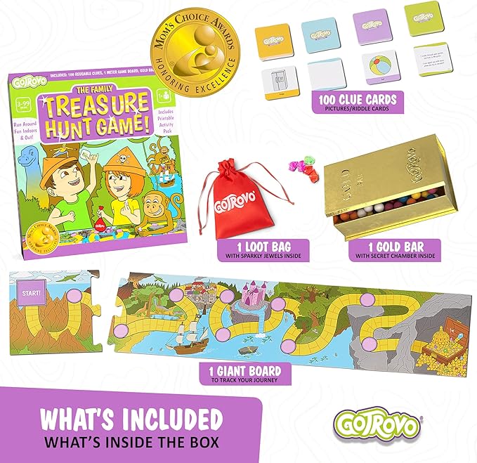 GOTROVO The Family Treasure Hunt Game! Indoor Adventure Board Game for Kids 4-8, Solve Clues Together to Find Jewels and a Surprise Gold Bar Reward – Great for Parties and Playdates