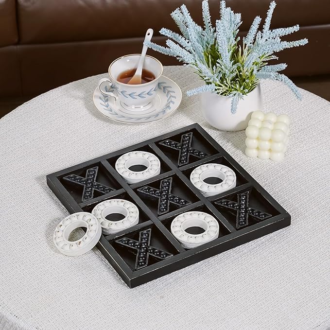 NIKKY HOME Tic Tac Toe Game Coffee Table Decor, 10.6 Inch Rustic Wooden Board, Black
