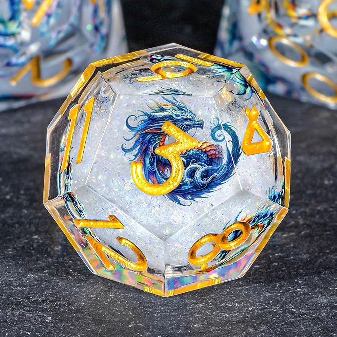 OUKELANWO Liquid Core Dragons Stickers DND Dice Set D&D, 7Pcs Dungeons D and D Role Playing Dice with Gift Box, Resin Sharp Edge Dice D20 D12 D10 D8 D6 D4, White Gold