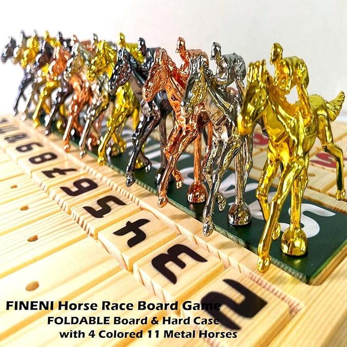 Horse Racing Game for Adults, Foldable Horse Race Board Game with 11 Luxurious Metal Horses (Gold, Silver, Black, RoseGold), 22” Pine Wood Horse Race Game Board, Dice & RoseGoldCard (Log Color)