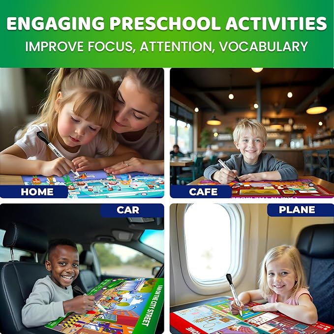 QUOKKA Busy Book Handwriting Practice for Kids - Search & Find - Activity Cards for Kids 3-8 – Reusable Mats with Dry-Erase Marker, Explore 20 Topics, Road Trip Activities, and Travel Games