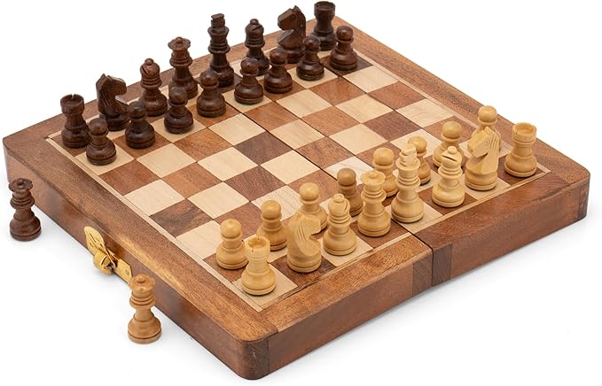 10" Wooden Folding Chess Boards, Handcrafted Portable Travel Chess Game with Pieces Storage Slots & 2 Extra Queens (10 X 10 Inches)