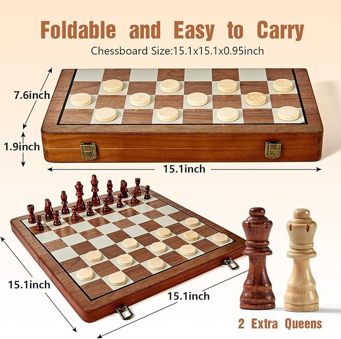 MerryPony Wooden Chess Set for Adults & Kids, 15" Foldable Wooden Chess Board with 2 Extra Queens, 2 in 1 Chess and Checkers Set, Travel Magnetic Chess Game Set, Beginner Chess Set for Kids
