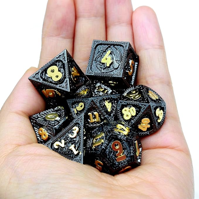 Haxtec Metal DND Dice Set Black Gold Metal D&D Dice with Fire-Breathing Dragon Elements & Leather Dice Bag Polyhedral Dice for Dungeons and Dragons TTRPG Gifts…