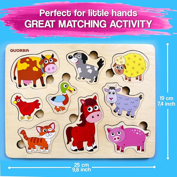 QUOKKA Farm Animals Wooden Puzzles for Toddlers 3-5 - Toddler Puzzles 1-3 Years Old - Gift Domestic Animals Educational Toys for Boys & Girls - Wood Games for Children's Learning 2-4
