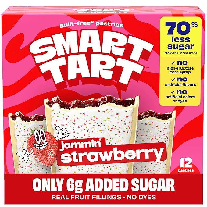 Smart Tart Toaster Pastries Frosted Strawberry - Low Sugar Snacks, Healthy Breakfast Pastry, On the Go Snack, Real Fruit Filling - Only 6g Added Sugar - 12 Count