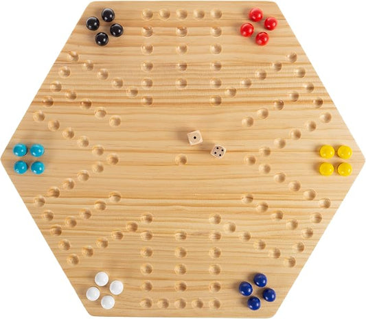 Hey! Play! Classic Wooden Strategic Thinking Game-Complete Set with Board, 24 Colored Marbles, 2 Dice-Fun Vintage 6-Player Game for Kids and Adults