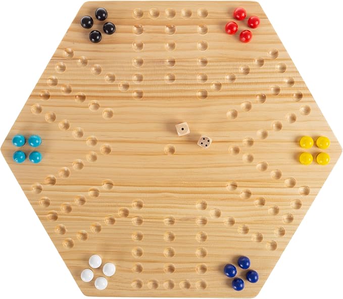 Hey! Play! Classic Wooden Strategic Thinking Game-Complete Set with Board, 24 Colored Marbles, 2 Dice-Fun Vintage 6-Player Game for Kids and Adults