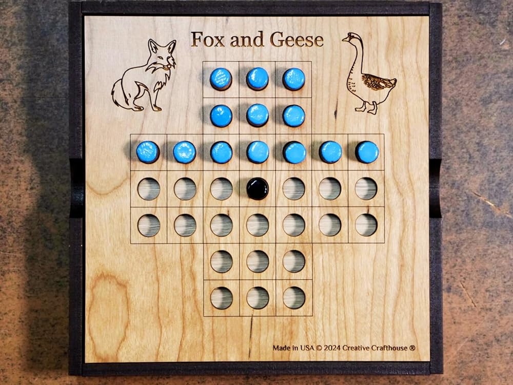 Handcrafted Fox and Geese Game Board Set - 6" x 6" with Wood Travel Cover - Classic Strategy Game for All Ages - Inspired by Centuries of Tradition