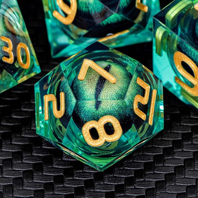 ARUOHHA DND Resin Dice Dragon Eye Liquid Core Polyhedral D and D Dice Set with Gift Box, Green Sharp Edged Dice Role Playing Game D20 D12 D10 D8 D6 D4