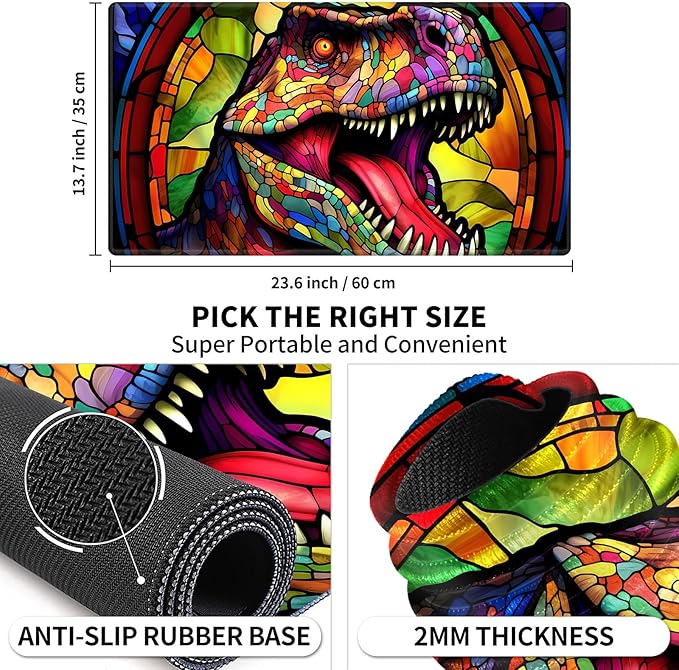 Playmat 24" x 14" Game Mats Tabletop Magic for MTG/TCG Cards, Trading Card Game Playing Stitched Play Mats Commander Deck Gaming Desk Mat Card Gameplay Mats, Stained Glass Retro T-Rex