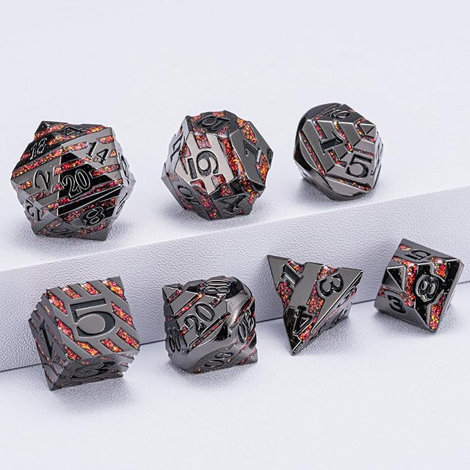 Metal Dice Set DND,Metallic Glitter Stripes D&D Dice Set,7 PCS Polyhedral Dice Set with Gift Case for Dungeons and Dragons Tabletop Game(Black Nickel Red)