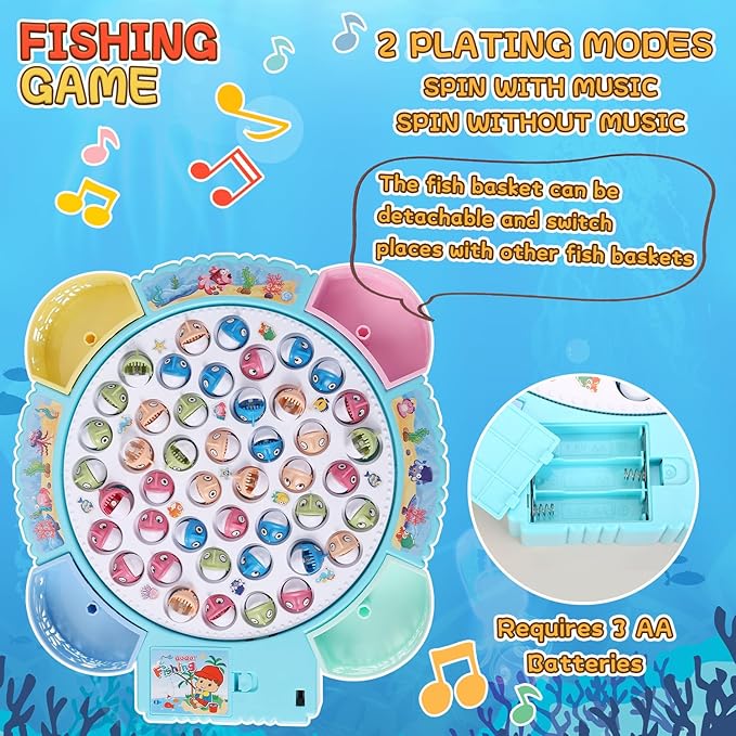 Magnetic Fishing Game Toys, Rotating Board Game with Music Including 45 Fishes and 8 Fishing Poles, Party Game Toys for Kids Age 3 4 5 6 7 and Up