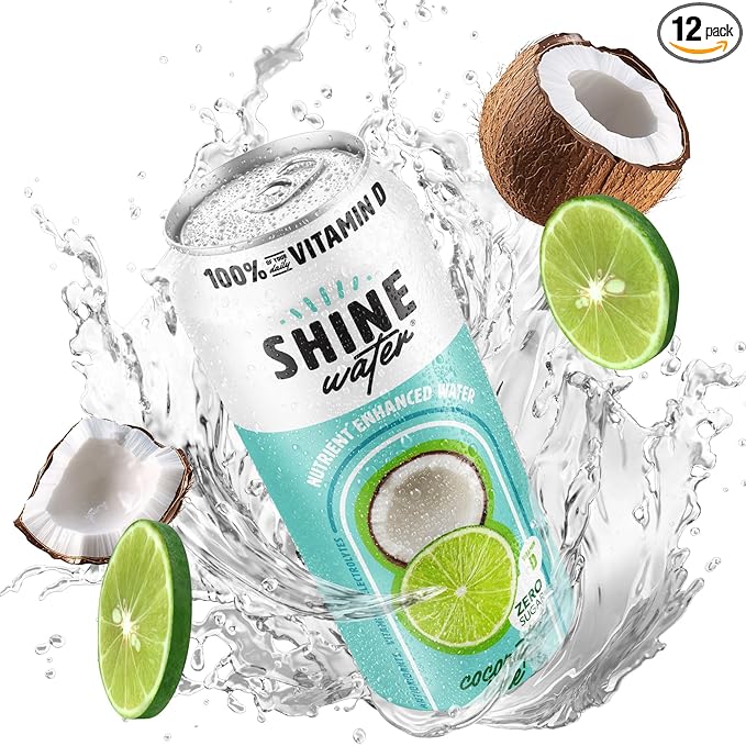 ShineWater Vitamin D Hydration Electrolyte Drink - Flavored water with electrolytes, Sugar-Free, Magnesium, Zinc, Vitamin B12, Folic Acid, Plant-Based, Low Calorie - Coconut Lime Fruit Water 12 Pack