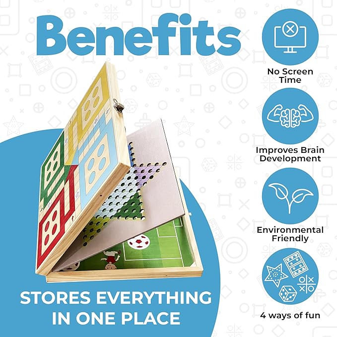 Double Sided 4-in-1 Board Games - Fast Sling Puck Game | Ludo Board Game | Tic Tac Toe Game | Chinese Checkers Board Game | Family Board Games for Kids and Adults | Wooden Board Games for Family Night