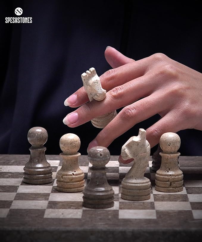 Marble Chess Set 12 Inch Handmade Oceanic & Travertine Board Game with Storage Box, Classic Travel Chess Set for Adults with Pieces & 2 Extra Queens, Elegant Gift & Home Décor