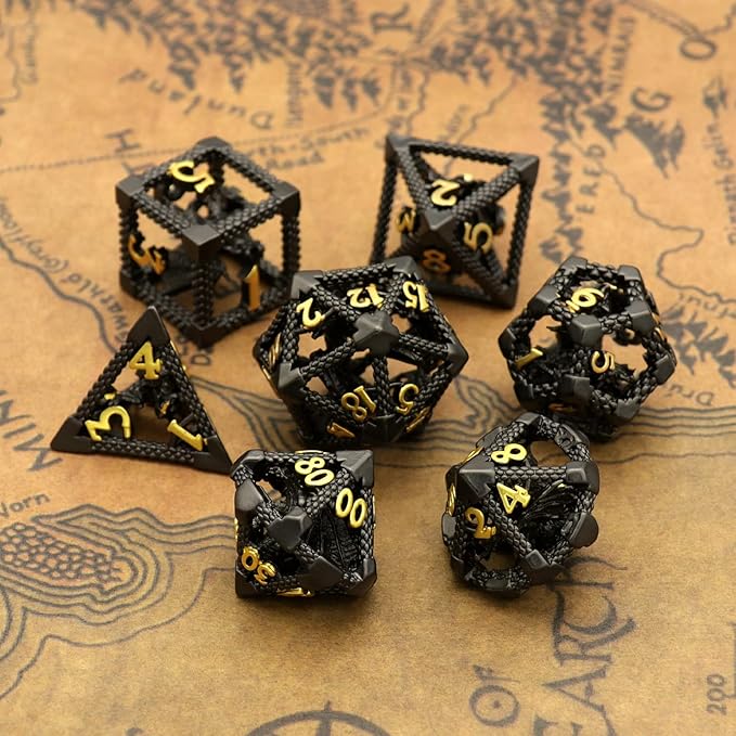 D&D Dice, HNCCESG Metal Dice Set Polyhedral Hollow Role Playing D and D Starter Dice for RPG MTG Table Board Games (3D Black)