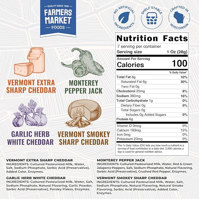 Farmers' Market Cheese Block Assortment 6oz & 7oz 6-Pack, Shelf Stable, Pasteurized, Locally Sourced Wisconsin Cheese (Assortment, 6 Count)