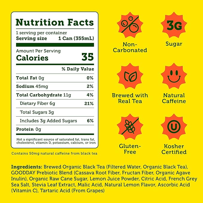 HALFDAY Prebiotic Lemon Iced Tea Cans, Supports Digestive & Gut Health, 6g Plant Fiber & Prebiotics, Low Sugar, 35 Calories, Real Brewed Tea, Natural Caffeine, Gluten Free, Keto, 12 fl oz (12 pack) Packaging May Vary