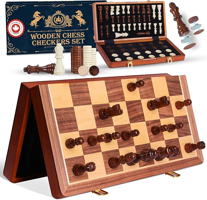 15'' 2 in 1 Wooden Magnetic chess and checkers set (2 Extra Queens, Foldable Chess set & Cotton Storage Bag) Magnetic Chess Sets for Adults with Color Gift Box, Handmade Checkers Board Game