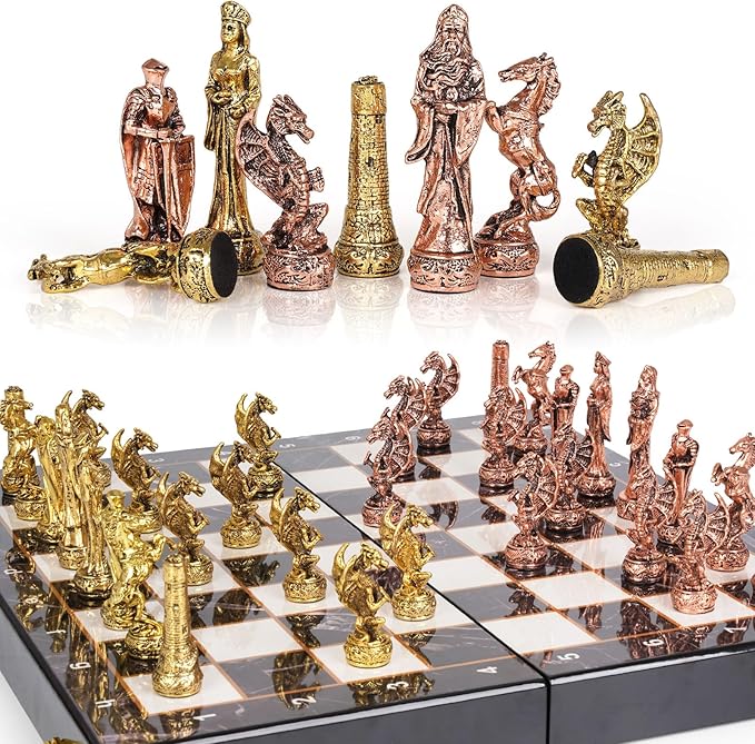 Large Vintage Metal Chess Set for Adults and Kids – Marbling Chess Board with Metal Chess Pieces 15" Travel Chess Set with Metal Chessmen – Collectible Elegant Chess Game – Family Vintage Board Game