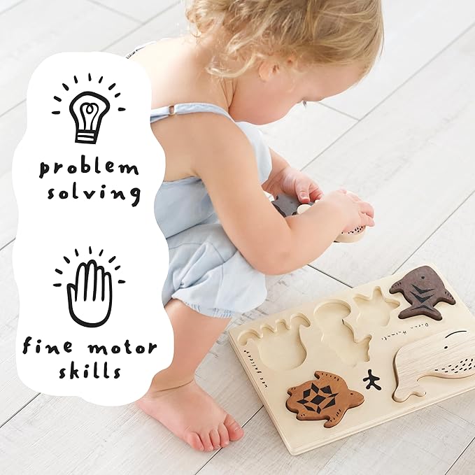 Wee Gallery Wooden Tray Puzzle Ocean Animals, Montessori Toy for Toddlers and Preschoolers for Early Learning and Fine Motor Skill Development, Sustainable Educational Puzzle for Kids