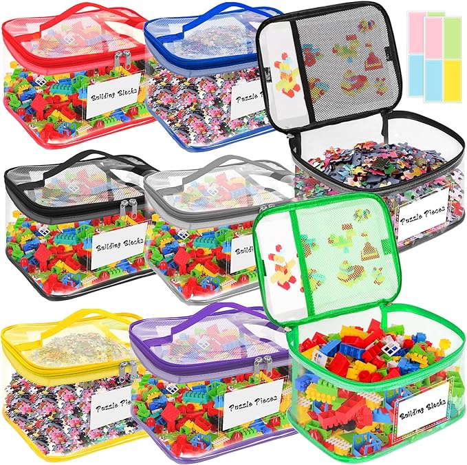 AOBOPLE 8 Pack Clear Toy Storage Bag with Name Tag & Manual Pocket, PVC Clear Toy Organizer Bags with Labels for Lego Bricks, Board Games, Building Blocks, Puzzles