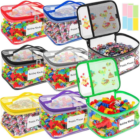 AOBOPLE 8 Pack Clear Toy Storage Bag with Name Tag & Manual Pocket, PVC Clear Toy Organizer Bags with Labels for Lego Bricks, Board Games, Building Blocks, Puzzles