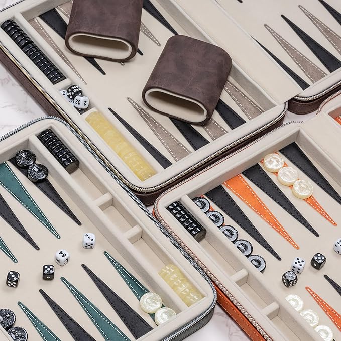 Backgammon Sets for Adults, Classic Board Game with Folding Leather Backgammon Case, Portable Travel Backgammon Game Set (Brown)