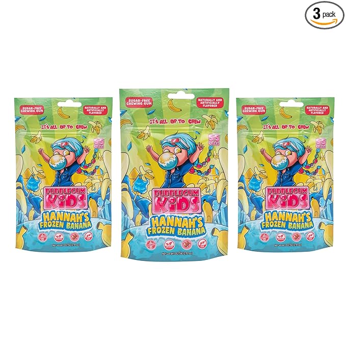 Bubblegum Kids Sugar Free Gum - For Kids and Adults - Vegan Friendly - Retro, Parent Approved Bubble Gum with Burst of Sweet Flavor - Hannah's Frozen Banana (Banana 3-Pack)
