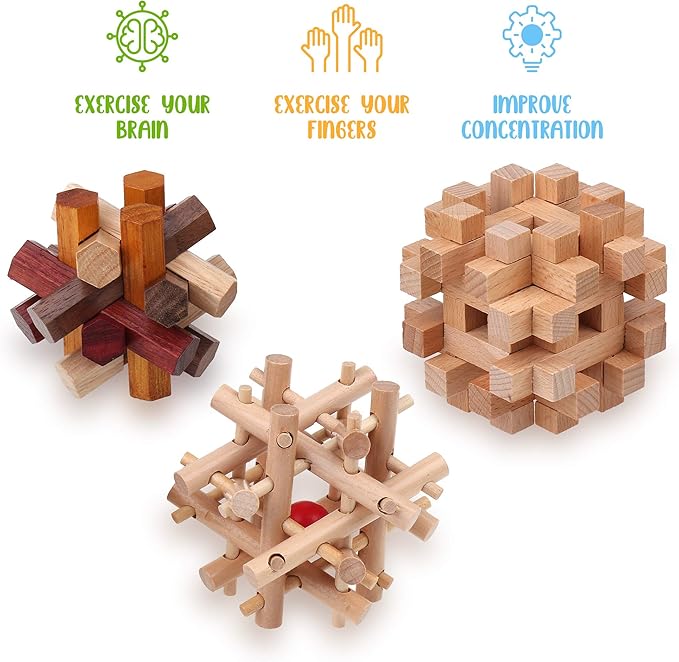 Sharp Brain Zone Wooden Brain Teaser Puzzles for Adults & Kids (Lock-a-Ball Puzzle)