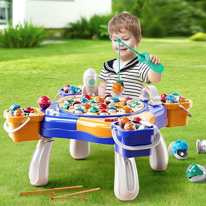 Magnetic Fishing Game Toys Kids 3-5, Including 48 Fishes and 8 Fishing Poles Rotating Board Game with Music, Party Game Toys for Kids Age 3 4 5 6 7 8 and Up