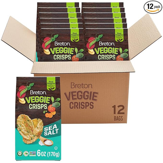 Breton Veggie Crisps Sea Salt (Pack of 12) - Popped not Fried Crisps, Made with Real Vegetables, Light and Crispy Gluten Free Chips, Snacks for School, Lunch Box and More, 12x6oz