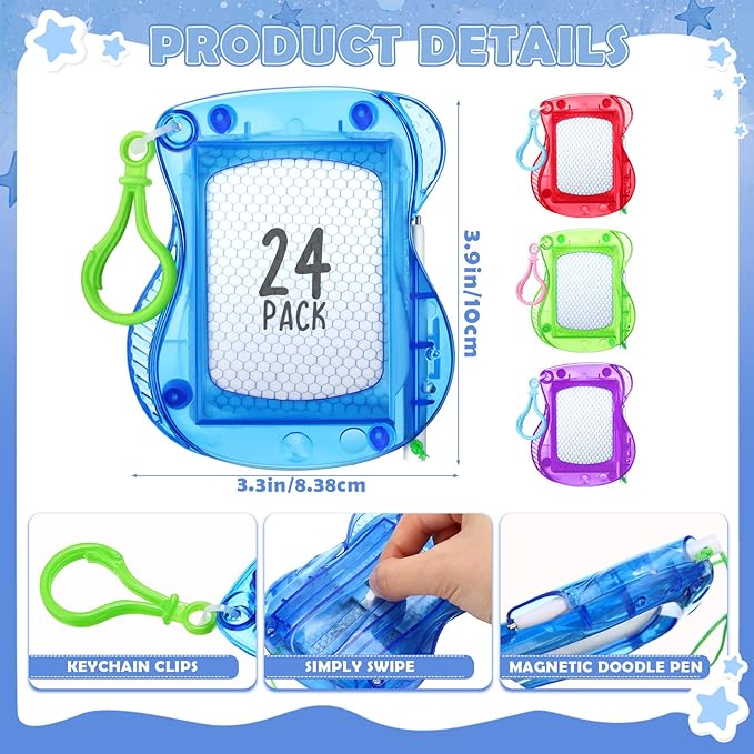 Chinco 24 Pieces Kids Mini Magnetic Drawing Board for Backpack Keychain Clip Erasable Mini Doodle Boards Toys for Party Colorful Writing Sketch Painting Pad Set Classroom Reward Supplies(Classic)