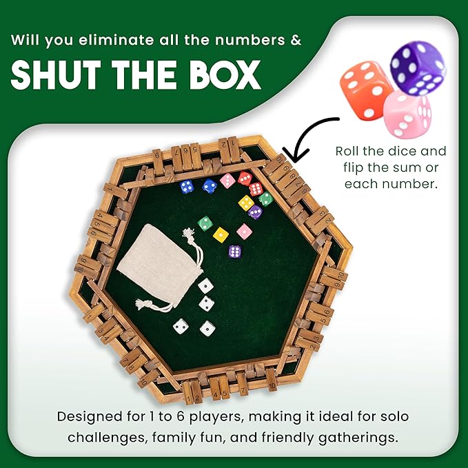 Sam & Evie Shut The Box Game for 1–6 Players | Close The Box Game Wooden with 16 Colorful Dices | Easy to Play Classic Board Games for Adults.Families and Kids