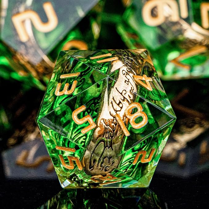 Magic Golden Ring DND Dice with Box, Green Sharp Edge Handmade D and D Polyhedral Dice for use with D&D Tabletop Games RPG, Lord Resin Dice D20 D12 D10 D8 D6 D4