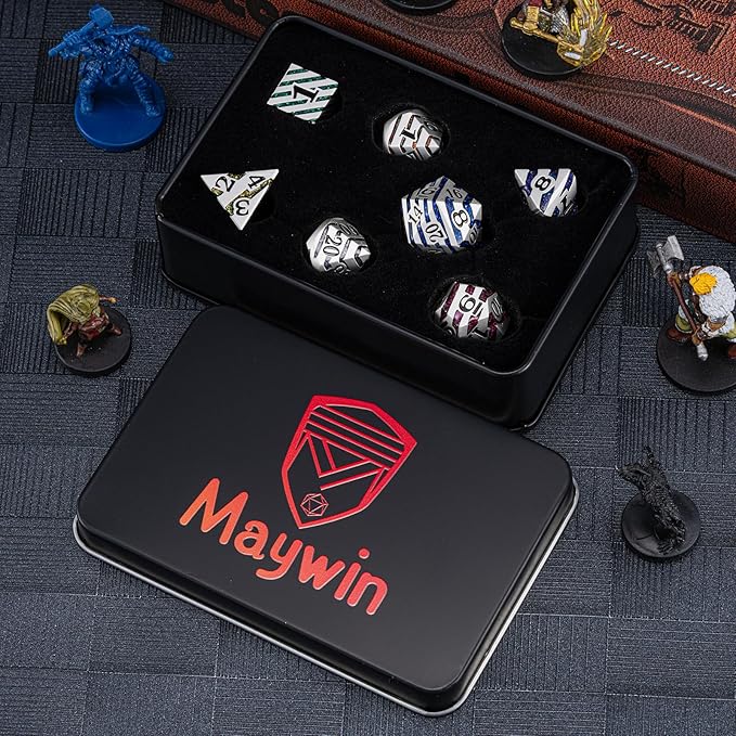 Metallic Stripes Dice with Gift Case, D&D Metal Polyhedral Dice Sets for Tabletop Games (Pearl Silver Seven Colors)