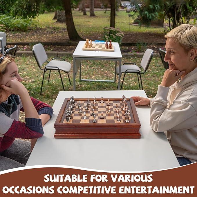 12.5-Inch Wooden Chess Set with Weighted Metal Chess Pieces, Storage Drawer Wooden Chess Board, Includes 2 Extra Queens – Premium Board Games Metal Chess Set for Adults and Chess Enthusiasts