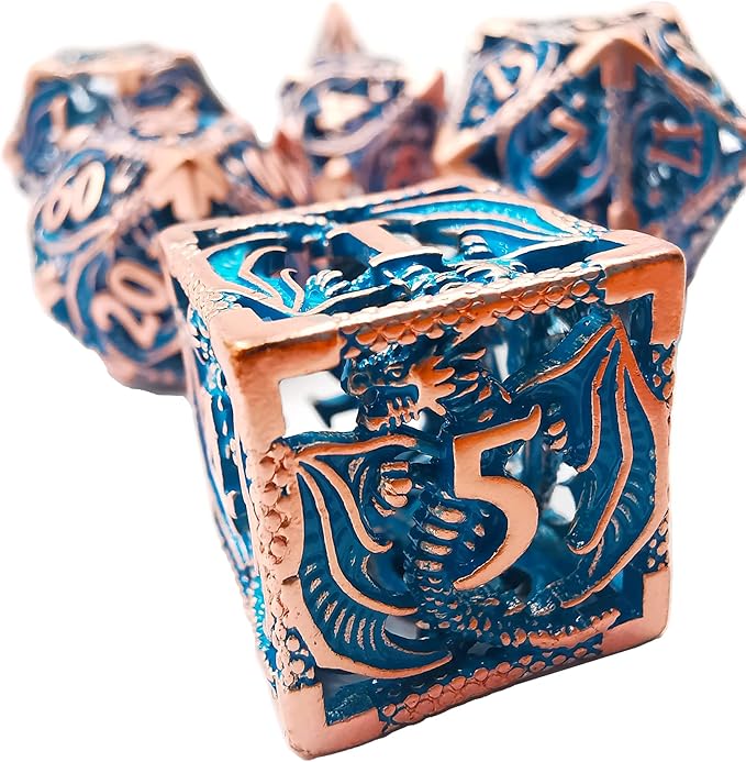 Metal DND Dice Set Dungeons and Dragon Dice Set Hollow Dragon Polyhedral Magic 7 PCS Dice Set with Gift Metal Box for Dungeons and Dragons Table Games Play Cards MTG(Dragon_Pearl Red Copper Blue)