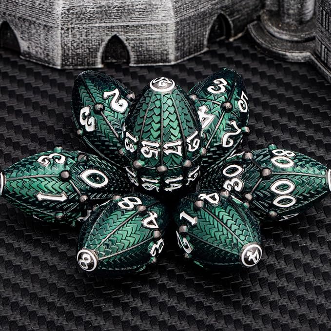 ARUOHHA DND Metal Dice Black Green Dragon Egg Dice with Metal Box, Role Playing Game RPG Polyhedral D and D Dice Set D20 D12 D10 D8 D6 D4