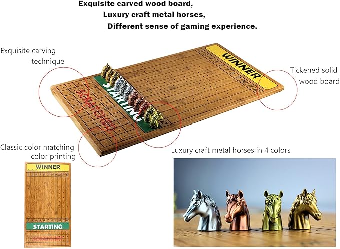 Metal Horse Race Board Game Set with Horse Racing Thick & Solid Wood Game Board(22"/Dark),11 Luxurious with 4 Antique(Gold,Silver,Red Cooper&Bronze) Metal Craft Horses, Dice&Cards (HR-F654)