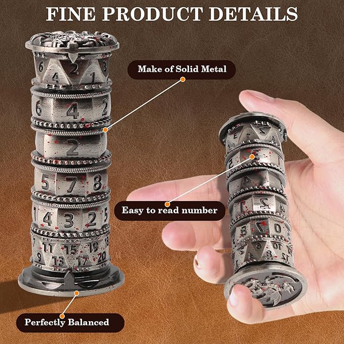 Pagoda Dice Spinner, 7 in 1 Metal Unique Roulette Dice for Sci-Fi, War, Crime Theme Tabletop Games