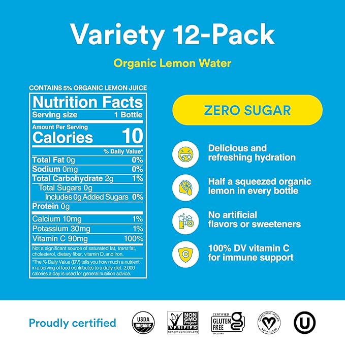Lemon Perfect 4-Flavor Variety Pack, Flavored Lemon Water, Organic, Zero Sugar, Healthy Hydration Drinks, 15.2 fl oz Bottles (12-Pack)