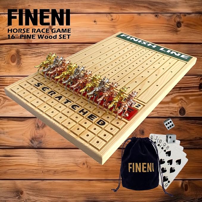 Racing Game for Adults With 11 Luxurious Metal Horses (Silver, Black, Rose Gold), 16" Pine Wood Race Game Board, Dice & Card Included (Log Color)