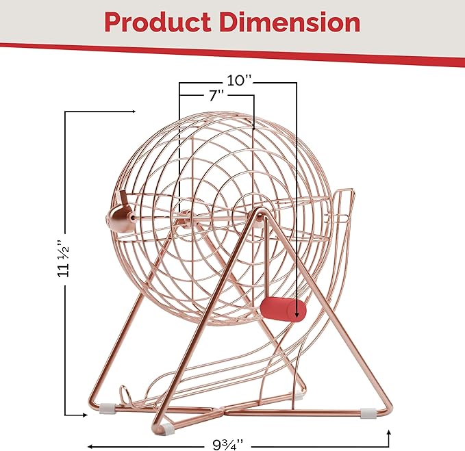 MR CHIPS 11" (Inch) Tall Professional Bingo Set with Steel Cage, Everlasting 7/8” Balls, 18 Cards and 300 Chips - Rose Gold Color