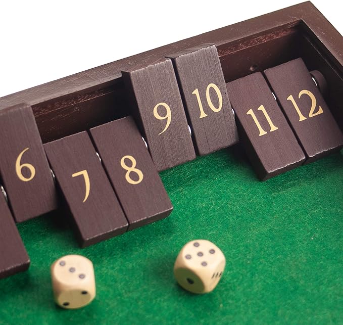 STERLING Games Wooden Shut The Box Game 12 Numbers with Home Decor Design Lid Cover and Felted Rolling Surface, Brown