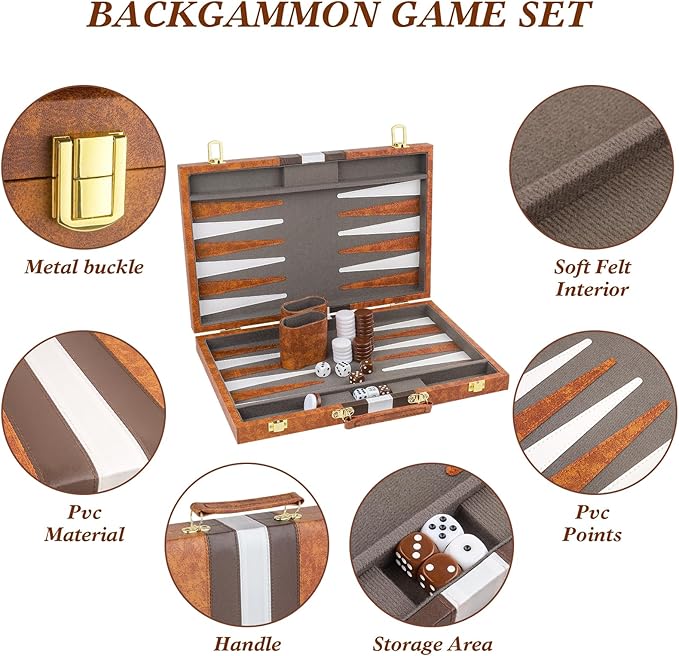 Backgammon Set, 15 Inch Portable Board Game with PU Leather Case for Adults, Brown Backgammon Travel Set