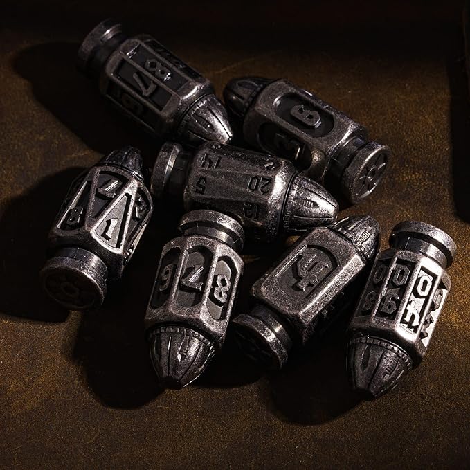 UDIXI Metal DND Dice Set, 7-Die Bullet Polyhedral Dice Set Cool Style with Unique Container for D&D, Role Playing Game or Other Tabletop Games（Silver）