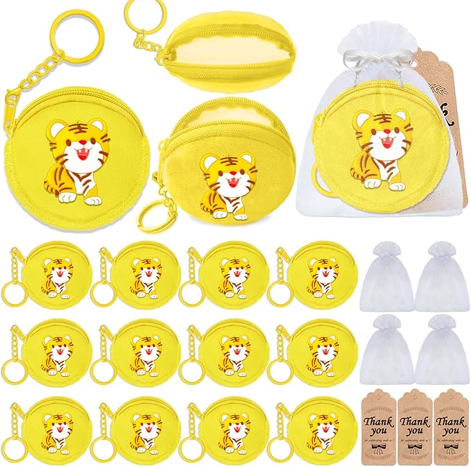 36 Pack Tiger Change Purses Set Include 12 Wallets with Keyring,12 Tags and 12 Organza Bags for Tiger Jungle Safari Themed Pary,Creative Souvenirs,Birthday Decor,Yellow